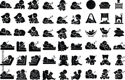 Sleeping Kid with Plush Toy – Cute Baby Silhouette Icons Collection Child Sleeping with Teddy Silhouette Set – Bedtime Cuddle Icon Vector