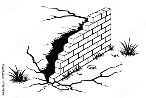 Vector art of a crumbling brick wall with cracks and missing bricks isolated on white background