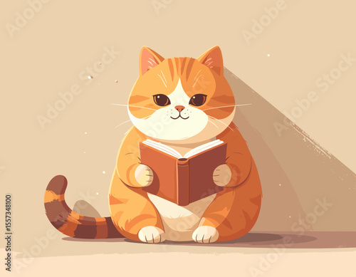 Cute Cartoon Orange Cat Reading a Book in Cozy Vector Illustration for Children’s Education and Animal-Themed Designs