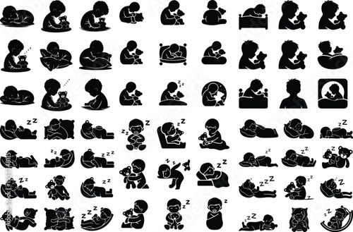 Sleeping Kid with Plush Toy – Cute Baby Silhouette Icons Collection Child Sleeping with Teddy Silhouette Set – Bedtime Cuddle Icon Vector