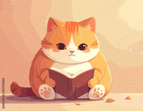 Adorable Cartoon Orange Cat Reading a Book While Sitting in Cozy and Peaceful Vector Illustration