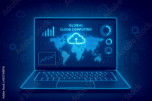 Futuristic laptop displaying global cloud computing data with digital charts and world map