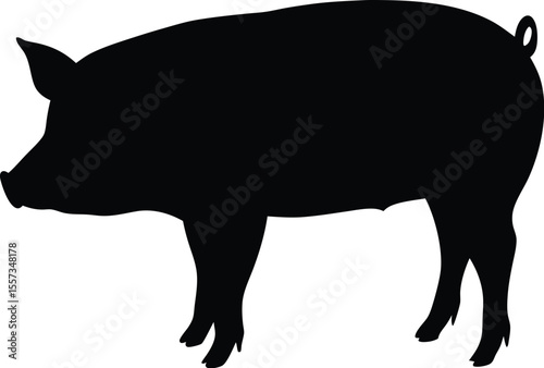 Pig silhouette vector, farm animal icon, black and white graphic, livestock outline illustration, simple pig shape
