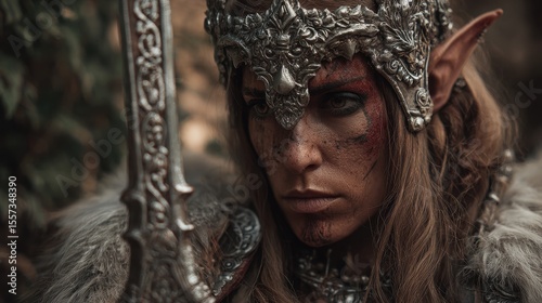 Fantasy Warrior Elf in Ornate Armor with Silver Crown in Mystical Forest