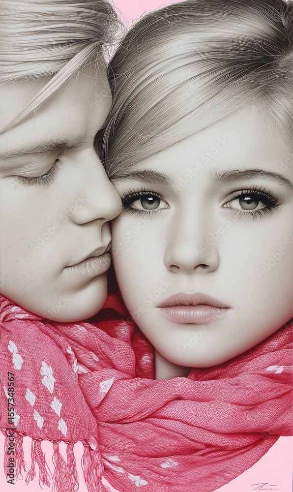 Obraz premium A Tender Moment Shared Between Two Young Lovers Embraced by a Cozy Scarf