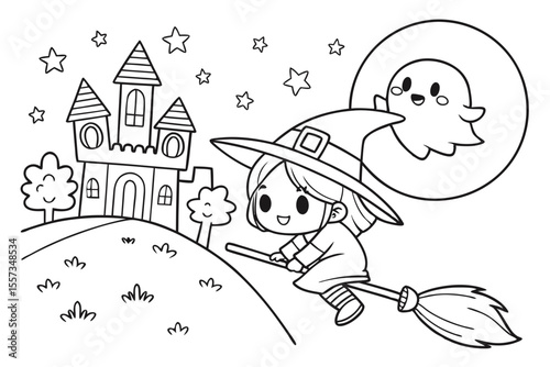 cartoon illustration of a witch with a broom for coloring book, coloring page, kids