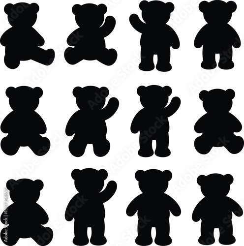 Adorable Teddy Bear Silhouettes: Charming Collection of Black Bear Icons for Children's Designs, Crafts, Nursery Décor, and Playful Branding Projects.