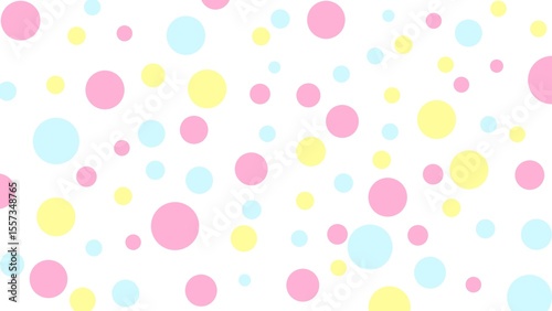 Pastel polka dots in pink, yellow, and blue scattered randomly on white background, cheerful and simple design.