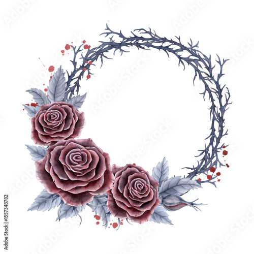 A round frame with red roses and thorny branches, gray leaves and red drops. Watercolor gothic illustration for printing, postcards, labels.