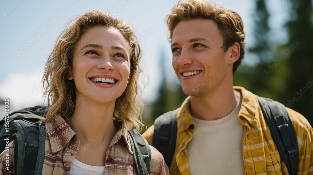 Obraz premium Couple hiking in nature trail on a sunny summer day