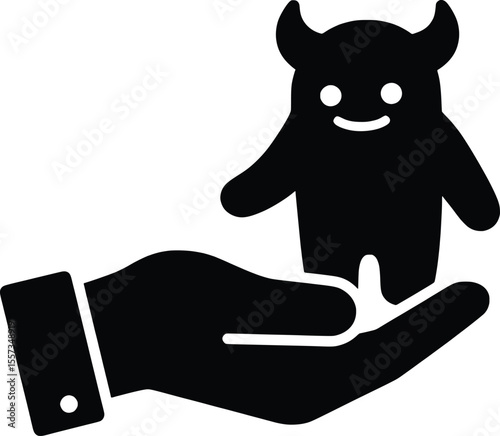 Hand Holding a Little Devil Figure in a Graphic Environment
