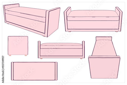 	
Bedroom Bench. 3d Vector images are produced from the auto tracing process. View from Perspective, front, top, side