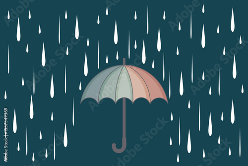 Flat pastel cartoon umbrella with raindrops, cute vector illustration for rainy season concepts, nursery posters, seamless children’s backgrounds, and weather projects

