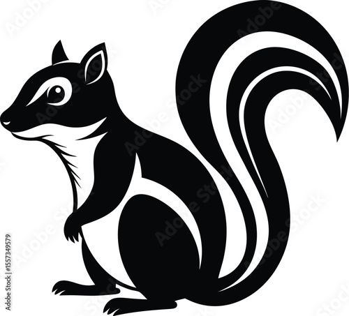 Chipmunk silhouette vector, forest animal icon, black and white rodent art, woodland wildlife outline, minimal chipmunk drawing
