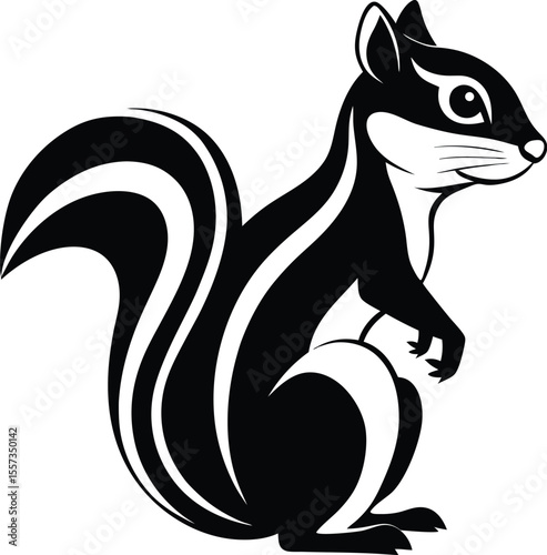Chipmunk silhouette vector, forest animal icon, black and white rodent art, woodland wildlife outline, minimal chipmunk drawing

