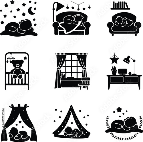 Sleeping Kid with Plush Toy – Cute Baby Silhouette Icons Collection Child Sleeping with Teddy Silhouette Set – Bedtime Cuddle Icon Vector