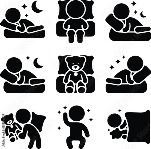 Sleeping Kid with Plush Toy – Cute Baby Silhouette Icons Collection Child Sleeping with Teddy Silhouette Set – Bedtime Cuddle Icon Vector