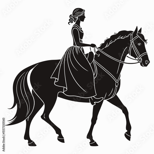 Elegant Woman Horseback Riding: Classic Silhouette Illustration