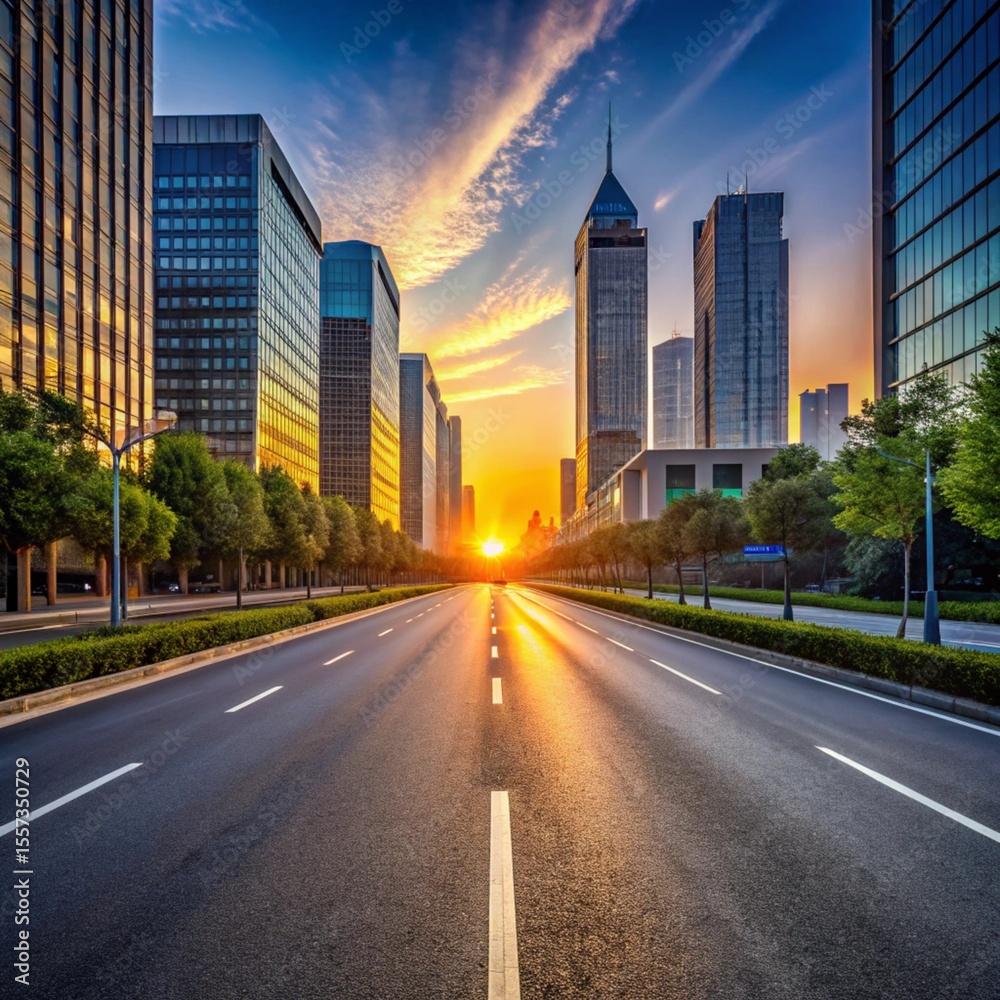 Fototapeta premium empty road in urban center at dawn