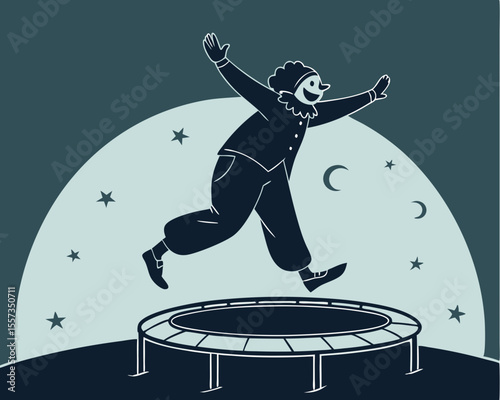 Cartoon clown character jumping high on a trampoline in the night sky