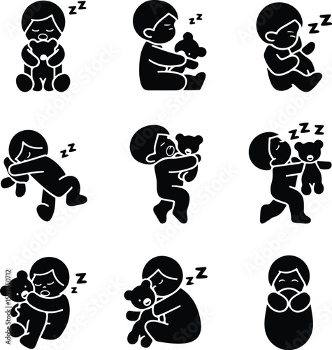 Sleeping Kid with Plush Toy – Cute Baby Silhouette Icons Collection Child Sleeping with Teddy Silhouette Set – Bedtime Cuddle Icon Vector