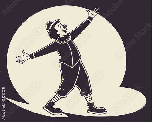 Cheerful vintage clown with open arms vector illustration transparency for design flexibility
