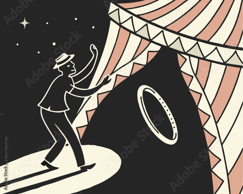 Circus performer in spotlight with ring and tent on a transparent background
