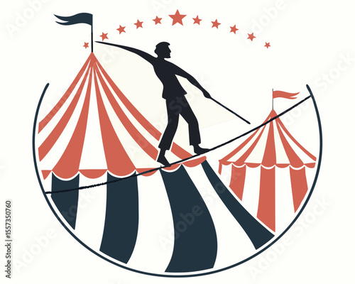 Circus acrobat balancing on a tightrope with vintage tent and star decorations