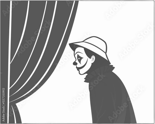 Minimalist illustration of a sad clown in hat and costume beside theater curtains