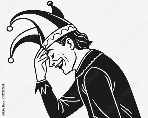 Laughing jester in silhouette wearing traditional costume with transparency for design projects
