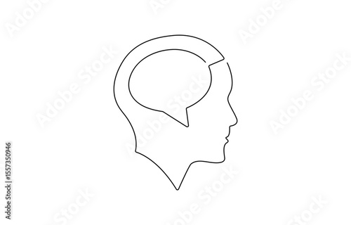 Human head with speech bubble continuous line drawing. Dialog or monolog symbol. Conversation sign, One line man with speech bubble.