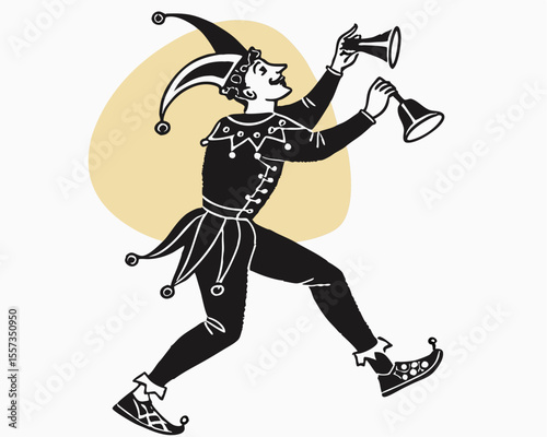 Retro cartoon illustration of a joyful jester playing horns with transparent background