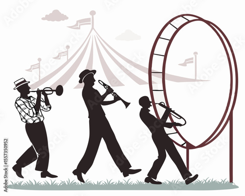 Silhouette circus performers playing musical instruments with tent and clouds background