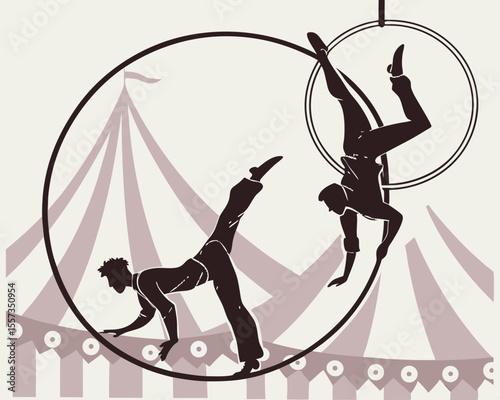 Silhouette circus performers in action with a tent featuring gymnastics and aerial hoop