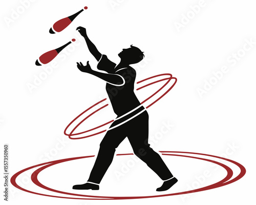 Silhouette illustration of a juggler performing with clubs and artistic red rings design