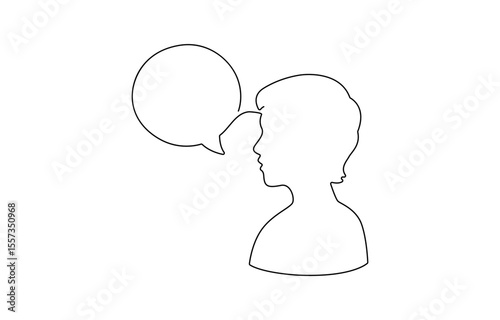 Human head with speech bubble continuous line drawing. Dialog or monolog symbol. Conversation sign, One line man with speech bubble.