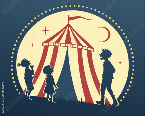 Silhouette illustration of children admiring a circus tent on a white background