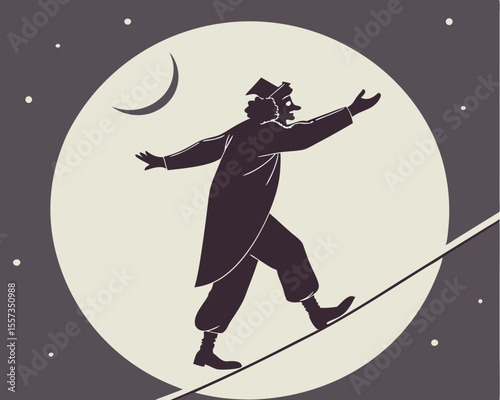 Silhouette of a circus performer balancing on a tightrope against a moonlit sky