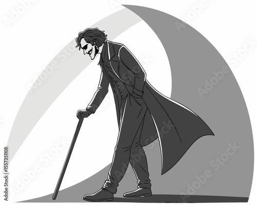 Stylish illustrated character with a cane in a dark grayscale design for creative projects