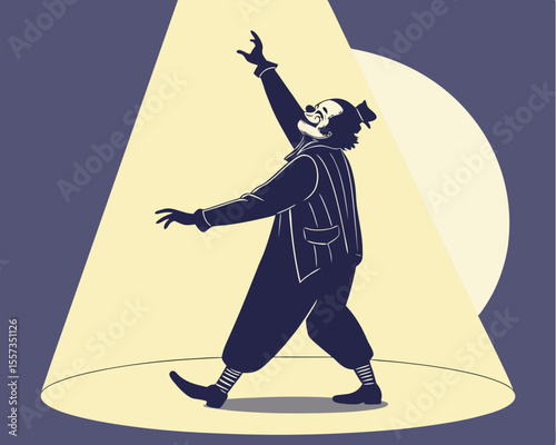 Vector illustration of a performing clown in a spotlight with a simple retro design