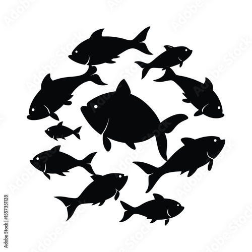 Underwater vector cartoon illustration set of cute tropical aquatic fish and marine life silhouettes