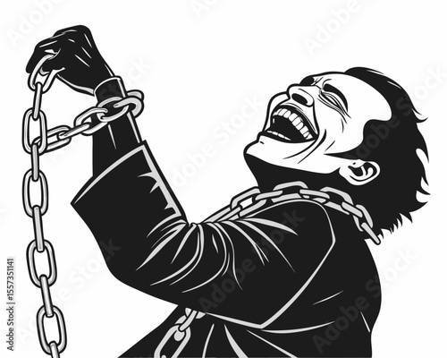 Vector illustration of a laughing man chained and bound with heavy metal chains