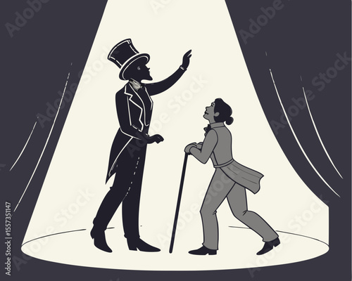 Victorian era gentleman in a stage spotlight with dramatic silhouette figure