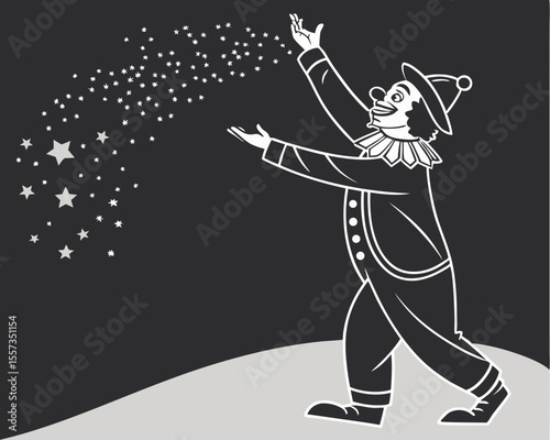Vintage cartoon clown casting stars on stage with transparency ready for various projects