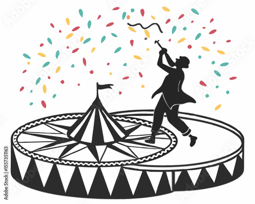 Vintage illustration of a circus performer on a stage with festive confetti celebration