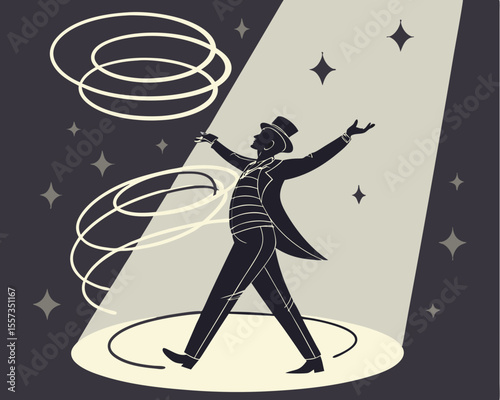 Vintage illustration of a magician performing under the spotlight with a transparent background