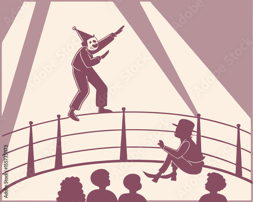 Vintage illustration of a pierrot performer and audience on a stage with spotlight
