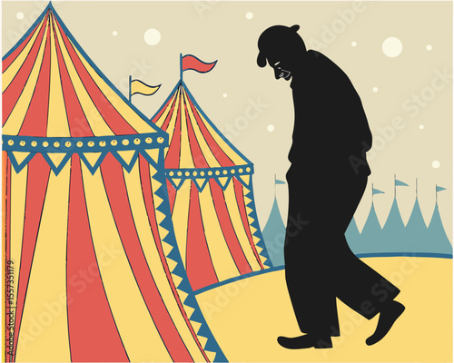 Vintage illustration of a sad clown walking near a circus tent with transparent background
