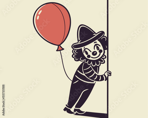 Whimsical cartoon clown with red balloon peeking around a corner for party fun