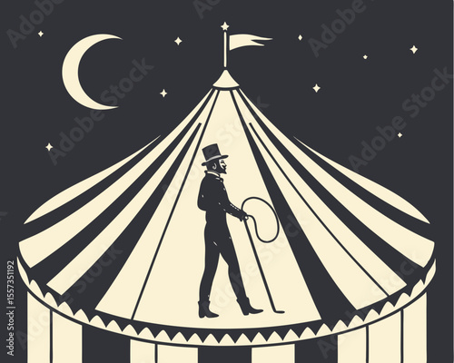 Vintage illustration of a ringmaster standing under a circus tent at night